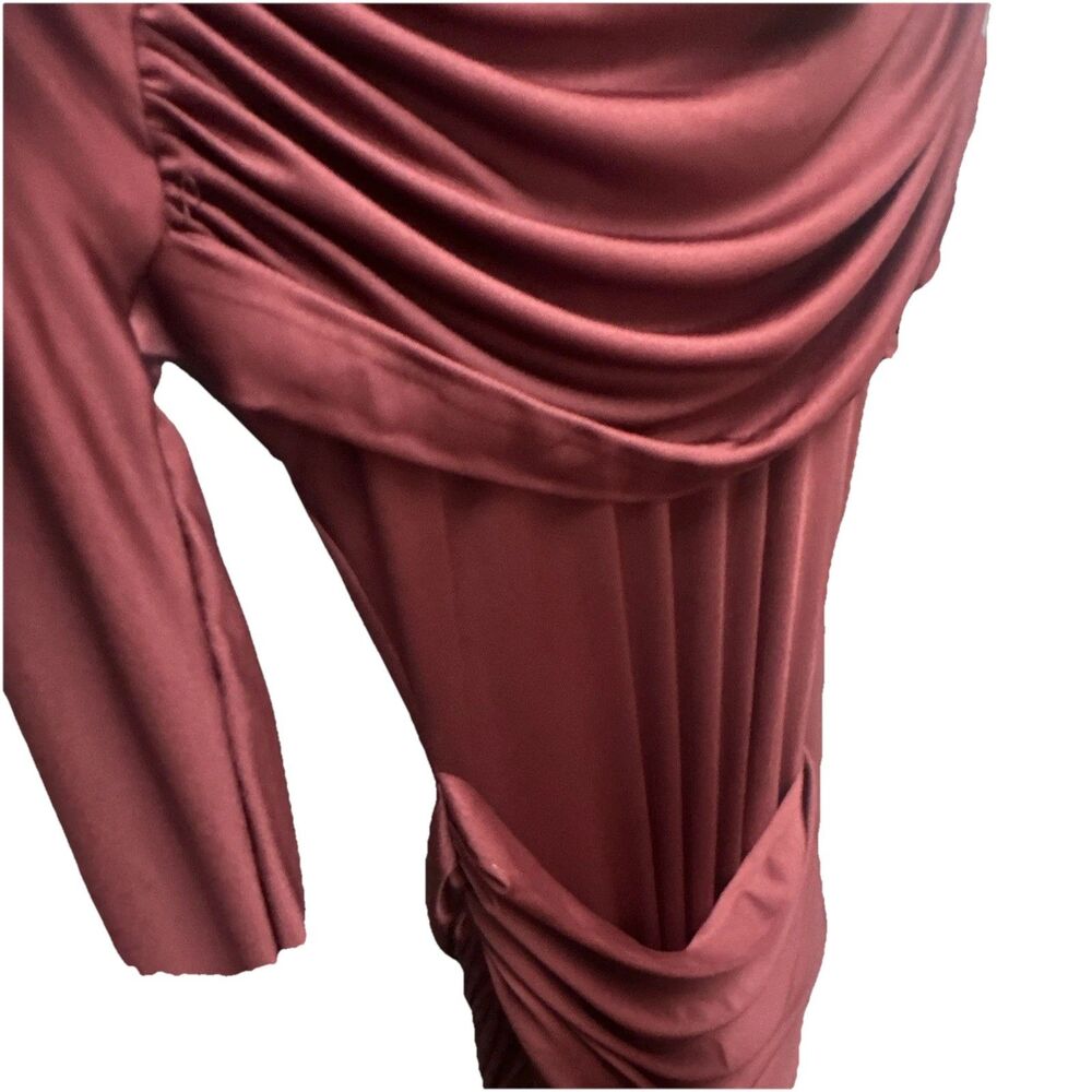 Jellabye Womens M Burgundy Ruched Maxi Dress Long Sleeve Cowl Neck NWT Stretch